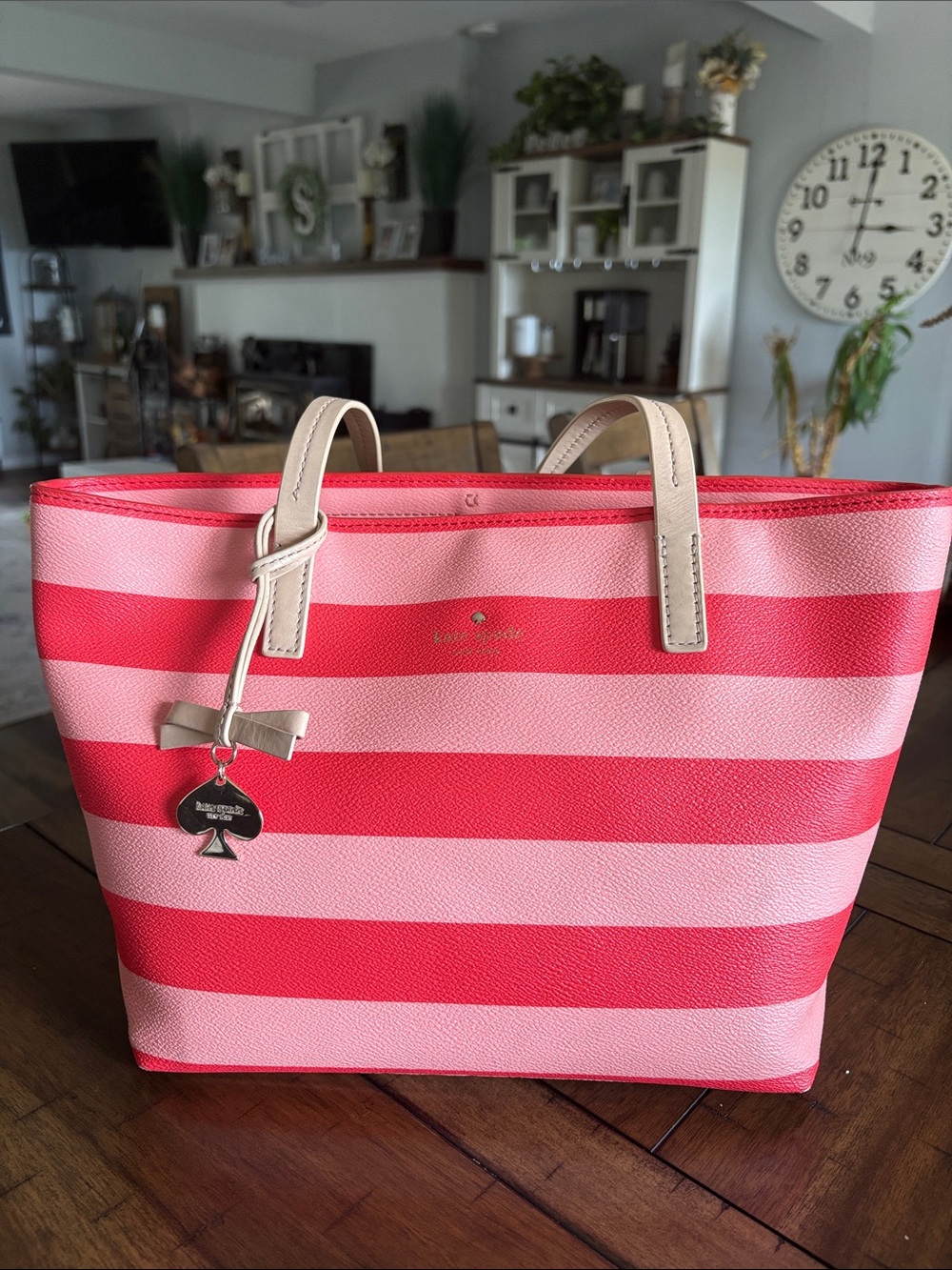 kate spade Coral Pink and Red Striped Tote with Bow Charm